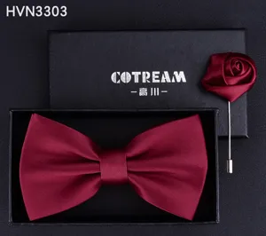 Wine red bow tie and brooch set for men, elegant satin tuxedo bowknot with rose lapel pin.