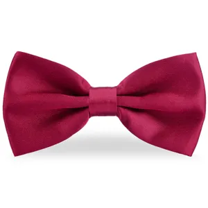 Detailed close-up of the elegant burgundy satin bow tie showing smooth texture and craftsmanship.