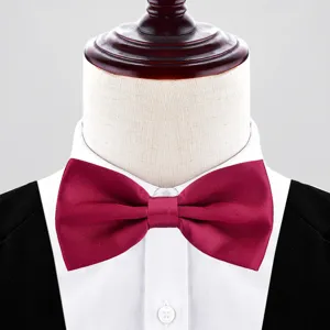 Detailed close-up view of a classic burgundy double layer bow tie displayed on a white shirt.