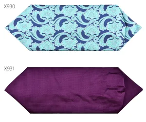 Detail view of men's paisley and solid purple neck scarves, fine warp polyester fabric.