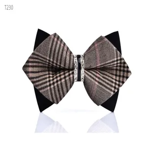 Mens classic layered bow tie with plaid pattern and crystal rhinestone center piece