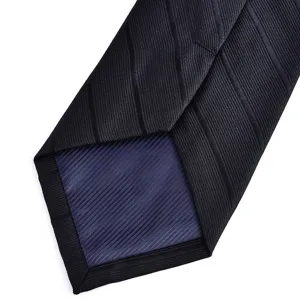 Men's 8cm black striped business formal necktie with blue lining for wedding groom.