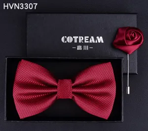 Men red bow tie and lapel flower brooch gift set wedding party formal suit accessory.