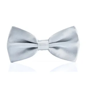 Silver silk bow tie detail shot, ideal for formal wedding events and business suits.