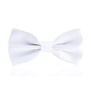 Detail shot of a classic white solid color smooth fabric bow tie, perfect for formal suits.