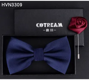 Men's navy bow tie and burgundy rose brooch gift set, elegant wedding suit accessories.