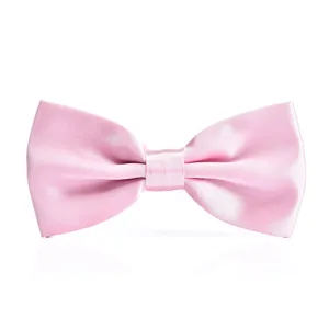 Pink satin bow tie close up detail view, classic formal wear neck accessory for men.