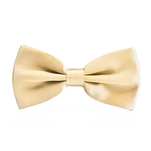 Close-up of golden silk bow tie texture, displaying smooth double layer and elegant formal style.