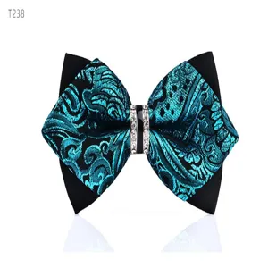 Crystal rhinestone bowtie detail view, blue patterned bow tie close-up, elegant suit accessory.