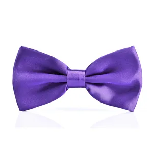 Purple satin bow tie detailed close-up, classic solid color formal neckwear accessory.
