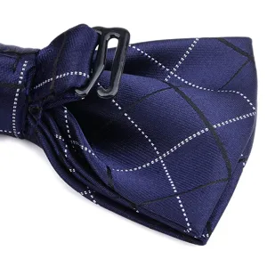 Dark blue plaid bow tie for men, elegant wedding groom neckwear with adjustable buckle.
