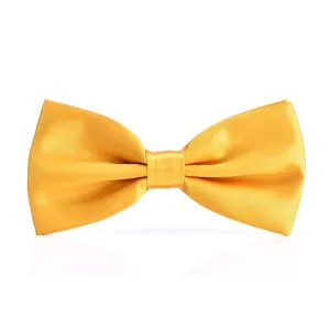 Detail shot of the yellow silk bow tie showing smooth glossy texture and fine craftsmanship.