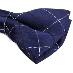 Classic navy blue plaid bow tie for men, elegant grid pattern formal neckwear accessory.