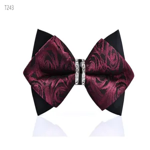 Men's wine red rose pattern bow tie with crystal rhinestone ring detail view