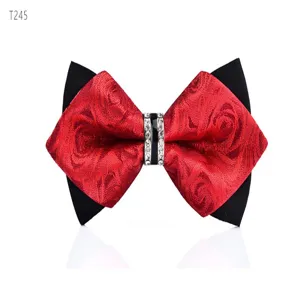Men's red and black sharp bow tie with crystal rhinestones, elegant wedding party neckwear.