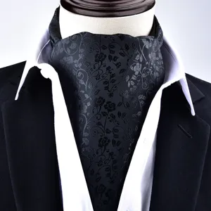 Men black floral jacquard cravat ascot tie vintage wedding suit neckwear scarf accessory.