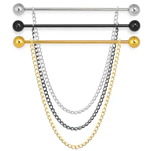 Ensemble de bijoux de corps piercing barbell industriel avec chaînes suspendues or noir.