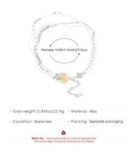 Multi-layer pearl and alloy chain necklace detail view, featuring retro golden cutout pendant.