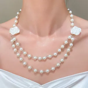 Retro double-layer faux pearl necklace with white rose pendants, gothic choker for women.