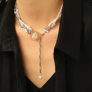 Retro multi-layer faux pearl choker necklace with metal chains and pendant for women.