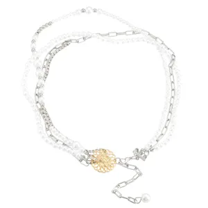 Retro multi-layer faux pearl necklace choker gothic style with metal chains and gold pendant.