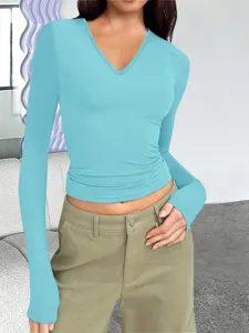 Dames casual V-hals lange mouw slim fit basic t-shirt lichtblauw topje voor dagelijks gebruik