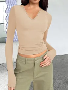 Dames V-hals lange mouw slim basic t-shirt, casual effen kleur herfst top voor dagelijks.