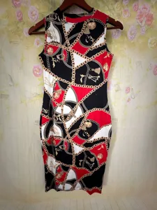 Damen Sommer ärmellos Bodycon Midikleid barock Kette Druck elegant Partykleid