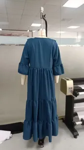Damen Vintage Freizeit lose Langarm Midikleid V-Ausschnitt gestuft Rüschenkleid Herbst