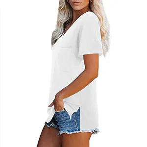 Camiseta casual holgada con cuello en V manga corta bolsillo color liso vista detallada