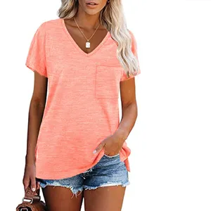 Camiseta casual de mujer con cuello en v, manga corta y práctico bolsillo delantero.