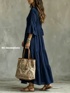 Vintage langarm V-Ausschnitt gestuftes Maxikleid für Damen, lässig lose Herbst Retro Stil.