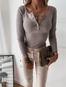 Long sleeve ribbed henley top for women, slim fit casual solid color pullover shirt detail.