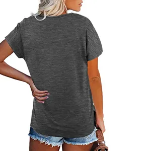 Camiseta casual suelta con cuello en V manga corta color solido mujer verano top.