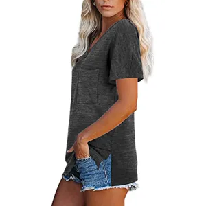 Mujer casual holgado cuello V manga corta bolsillo camiseta color sólido top