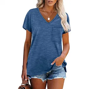 Mujer Casual Cuello V Manga Corta Camiseta con Bolsillo Suelto Verano Top Basico Ropa