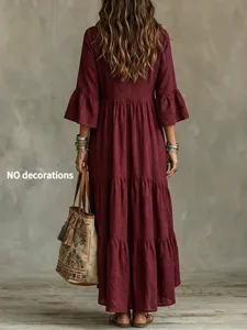Vintage Langarm Stufen Maxikleid für Damen, elegante lässige Boho Stil Herbstkleidung.