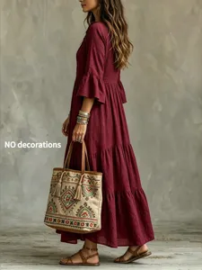 Retro Langarm gestuftes Maxikleid Damen Vintage Stil elegantes Herbst Freizeitkleid