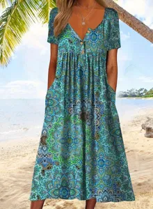 Damen boho blumen print kurzarm v ausschnitt knopf midi kleid sommer strand freizeit kleid