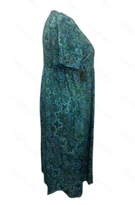 Damen Sommer Kurzarm Rundhals blau grün bedruckt lässig Strick Midikleid Seitenansicht