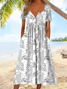 Sommer Freizeit Damen Rundhals Kurzarm Blatt Druck Knopf Midi Kleid mit Taschen