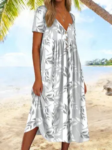 Sommer lässiges Blumen Maxikleid Detail, mit kurzen Ärmeln und Frontknopf Design.