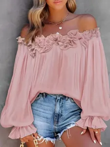 Top donna spalle scoperte volant manica lunga moda casual vacanza elegante camicetta