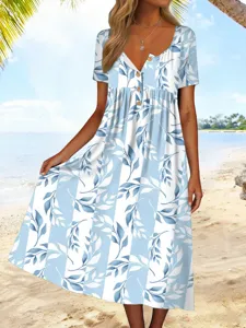 Detailaufnahme eines lässigen Damen Sommer Kurzarm V-Ausschnitt gedruckten Kleides.