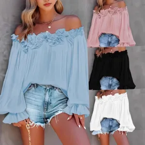 Camicetta Casual Tinta Unita da Donna Spalle Scoperte Manica Lunga con Volant Vestibilità Regolare Camicia da Vacanza