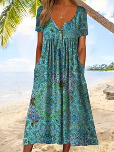 Sommer Damen lässiges V-Ausschnitt Knopf Kurzarm bedrucktes Midikleid mit Taschen Strand