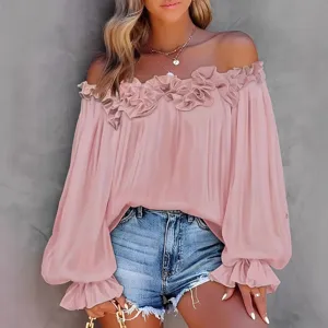 Donna moda spalle scoperte volants manica lunga tinta unita casual vacanza top