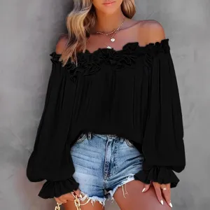 Top da donna nero monocolor con spalle scoperte manica lunga volant moda elegante