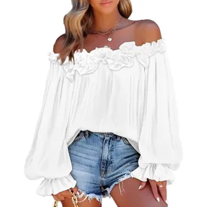 Camicia donna spalle scoperte volant manica lunga casual tinta unita vacanza chic.