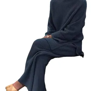 Women solid ribbed knit sweater set long sleeve top and wide leg pants two piece outfit